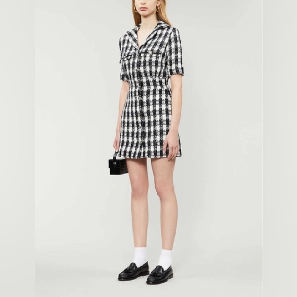 Maje Ricky Tweed Mini Dress Black White Button Up Sz 36